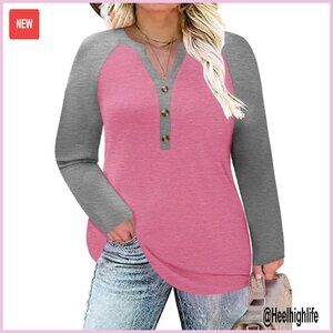 Plus Size Long Sleeve Tunic Blouse Raglan V-Neck Loose Fit